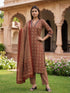 Maroon & Beige Cotton Blend Jaipuri Printed Kurta & Pant With Dupatta