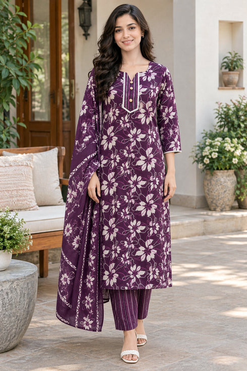 Wine Cotton Blend Jaipuri Printed Straight Kurta & Pant With Dupatta