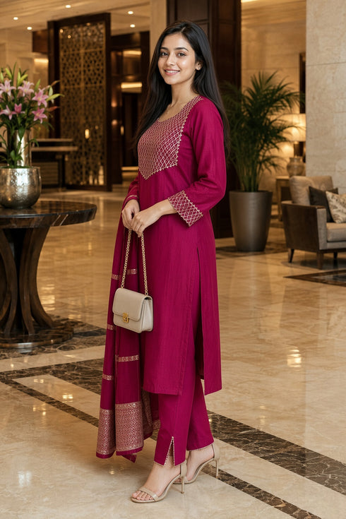Pink Cotton Blend Solid Kurta & Pant With Dupatta