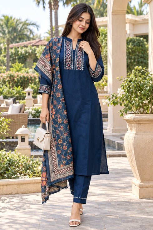 Navy Blue Cotton Blend Embroidered kurta sets women