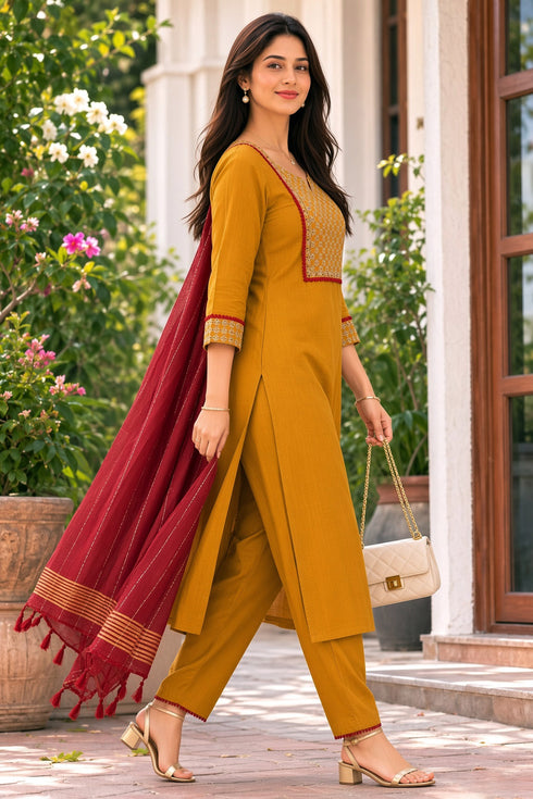 Mustard Yellow Cotton Blend Solid Kurta & Pant With Dupatta
