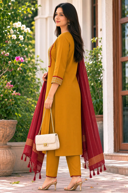 Mustard Yellow Cotton Blend Solid Kurta & Pant With Dupatta