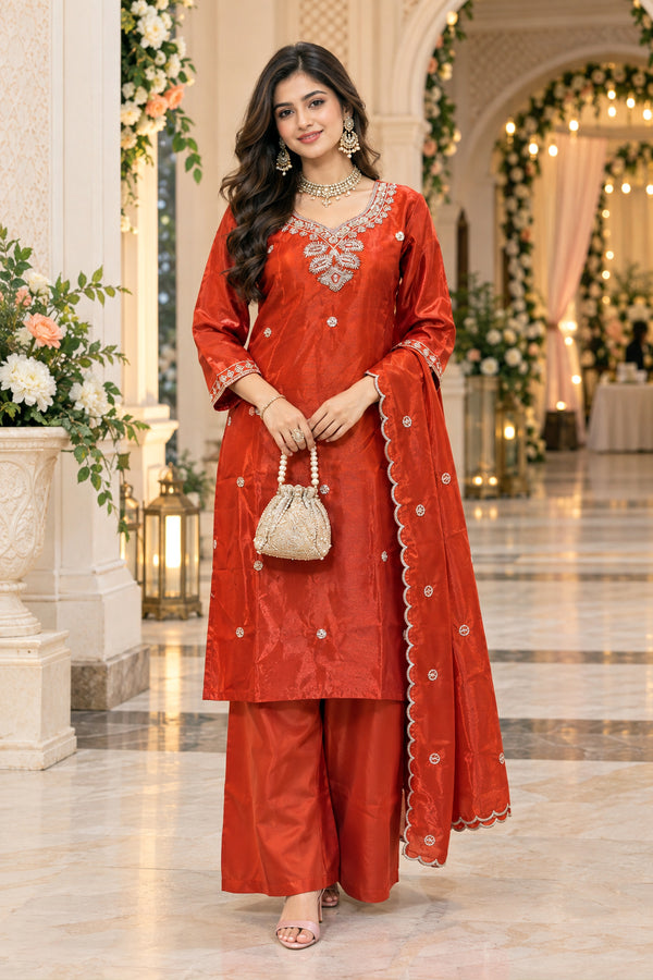 Rust Silk Blend with Inner Embroidered Beads Work Straight Kurta & Pant With Dupatta