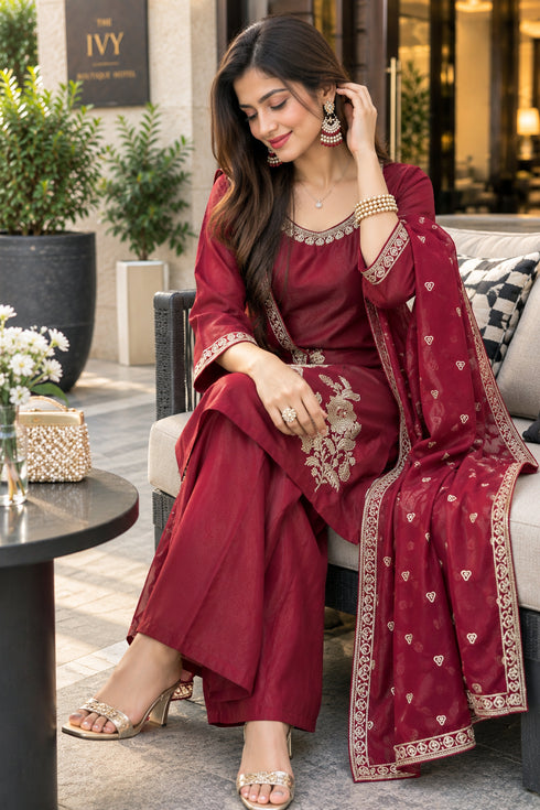 Maroon Silk Blend with Inner Embroidered Beads Work Straight Kurta & Pant With Dupatta