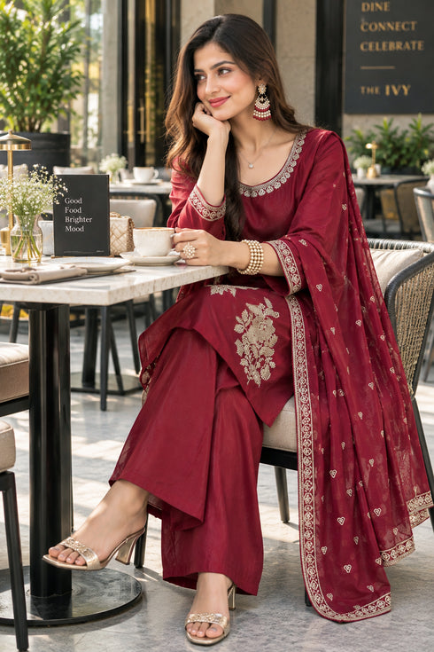 Maroon Silk Blend with Inner Embroidered Beads Work Straight Kurta & Pant With Dupatta