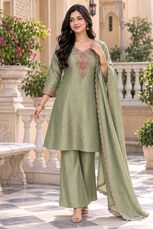 Pista Green Silk Blend with Inner Embroidered A-Line Kurta & Pant With Dupatta