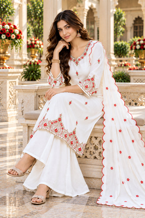 White Silk Blend with Inner Embroidered Straight Kurta & Palazzo With Dupatta