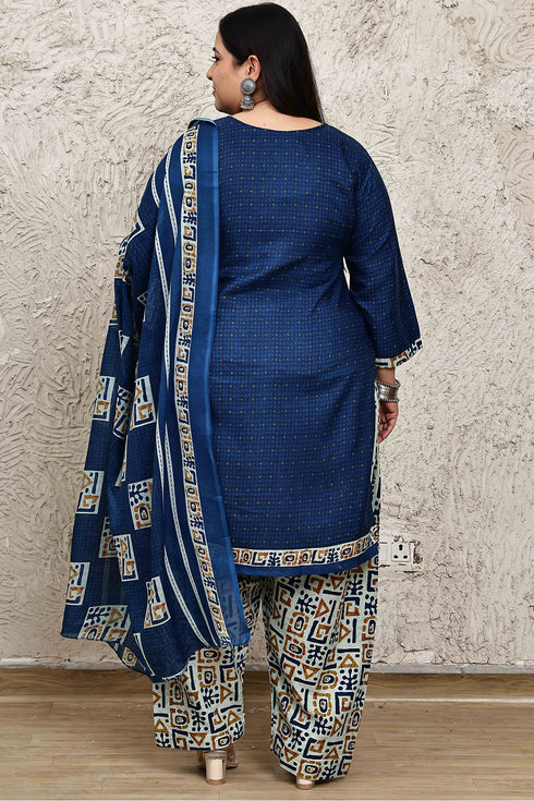 Royal Blue Cotton Blend Printed Plus Size Readymade Patiala Salwar Suit