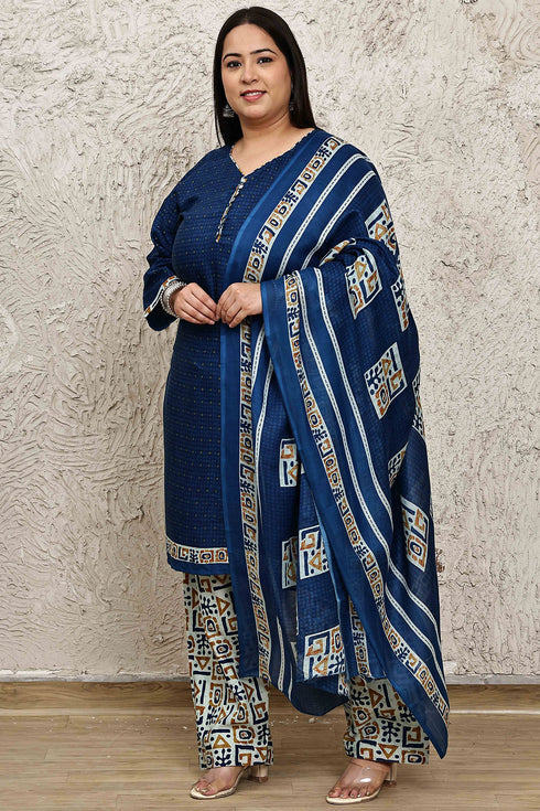 Royal Blue Cotton Blend Printed Plus Size Readymade Patiala Salwar Suit
