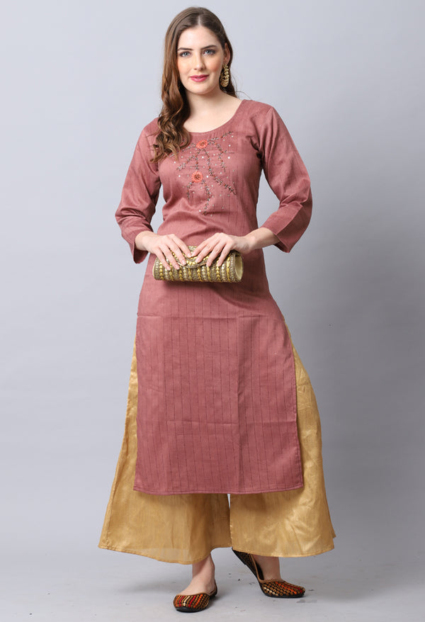 Brown Rayon Viscose Embroidered Kurti