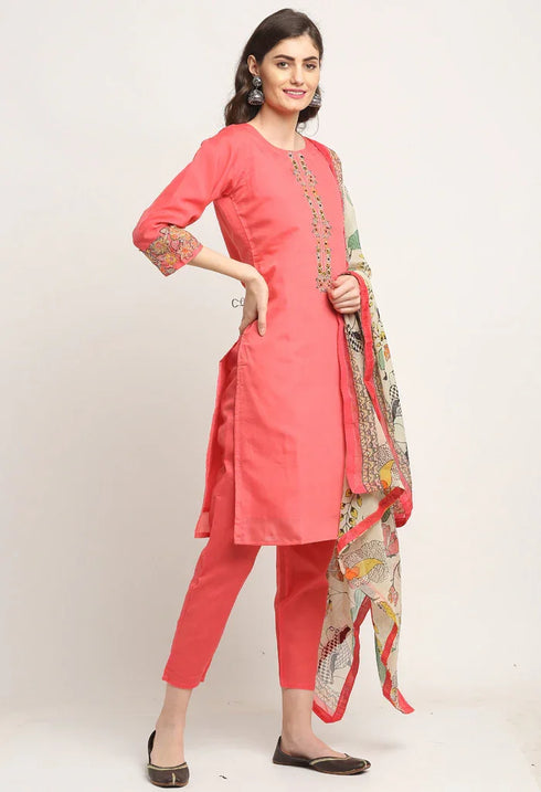 Pink Chanderi Floral Embroidered Kurta Set With Dupatta
