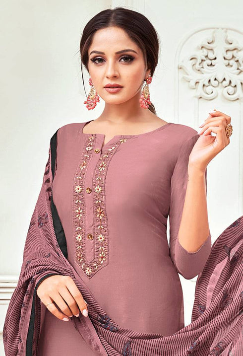 Dusty Pink Chanderi Silk Embroidered Salwar Suit Material