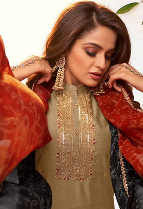 Beige Chanderi Silk Embroidered Salwar Suit Material - Rajnandini