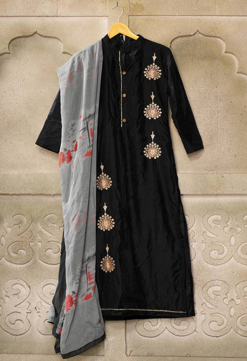 Black Chanderi Silk Embroidered Salwar Suit Material