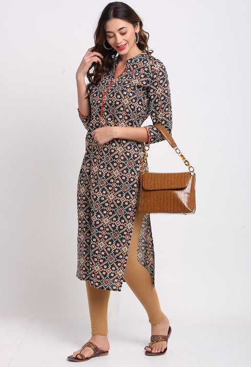 Navy Blue And Red Pure Cambric Cotton Jaipuri Printed Kurti