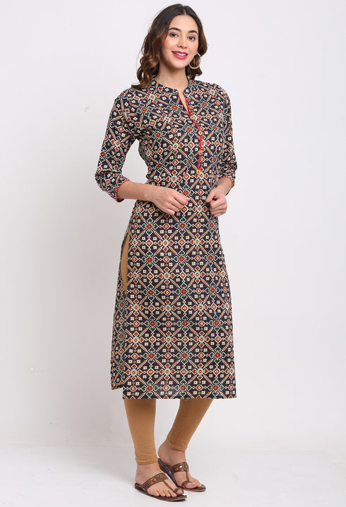 Navy Blue And Red Pure Cambric Cotton Jaipuri Printed Kurti