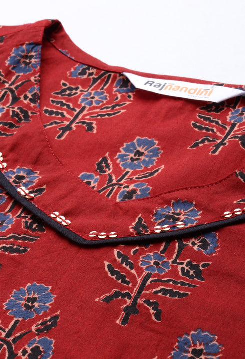 Maroon Pure Cambric Cotton Jaipuri Printed Kurti