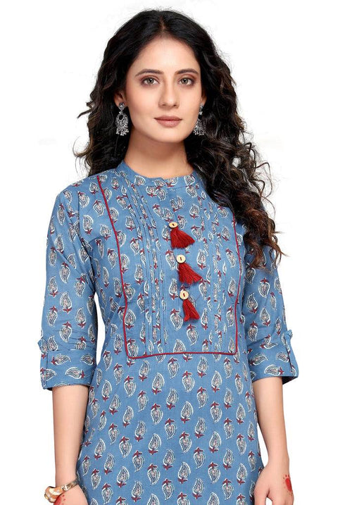 Blue Pure Cambric Cotton Jaipuri Printed Kurti