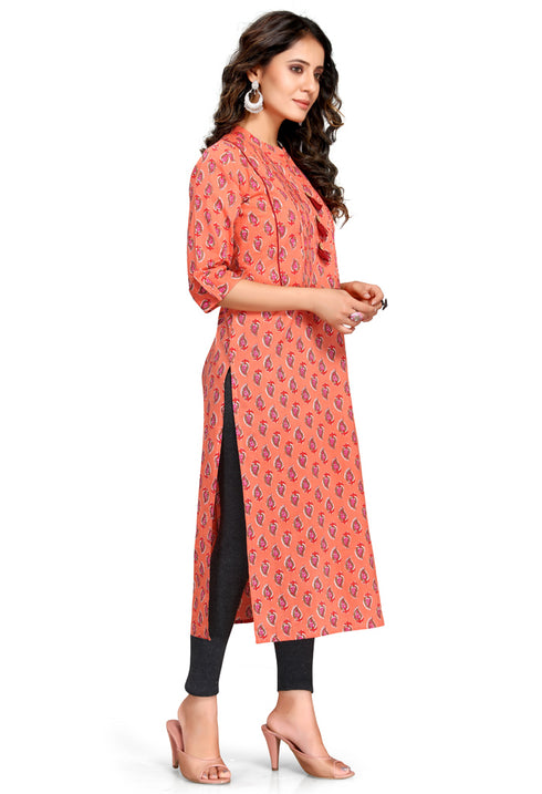 Orange Pure Cambric Cotton Jaipuri Printed Kurti