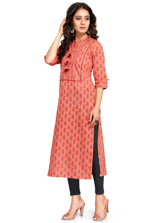 Orange Pure Cambric Cotton Jaipuri Printed Kurti