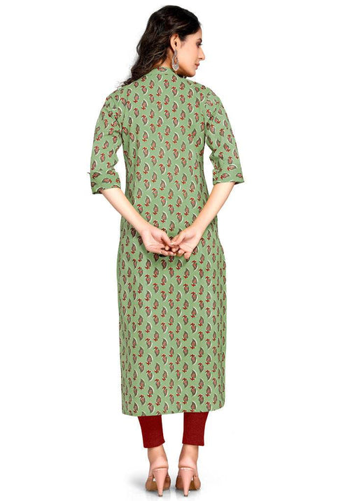 Green Pure Cambric Cotton Jaipuri Printed Kurti