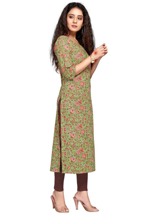 Green Pure Cambric Cotton Jaipuri Printed Kurti