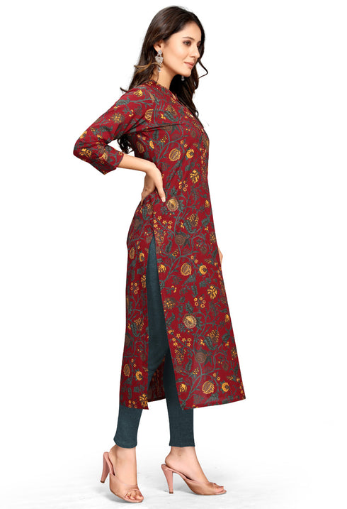 Maroon Pure Cambric Cotton Jaipuri Printed Kurti