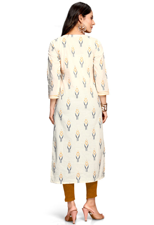 Off-White & Yellow Pure Cambric Cotton Jaipuri Printed Kurti