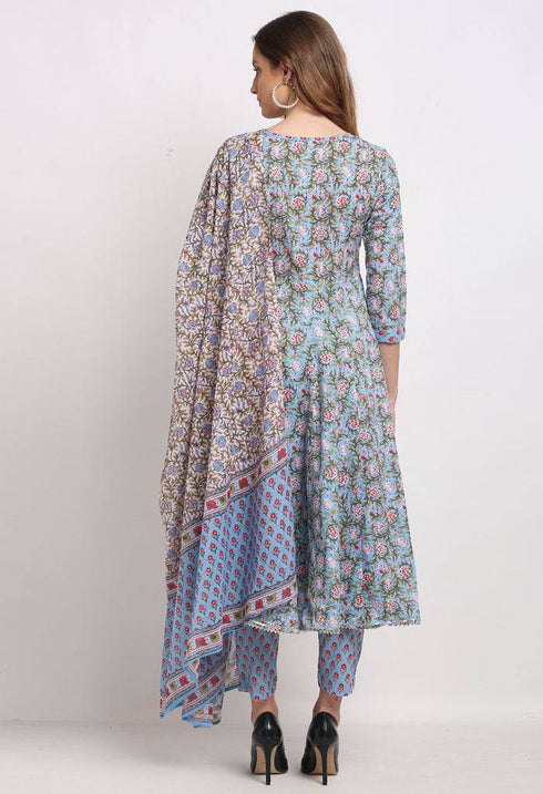 Blue Pure Cambric Cotton Printed Kurta Set With Dupatta