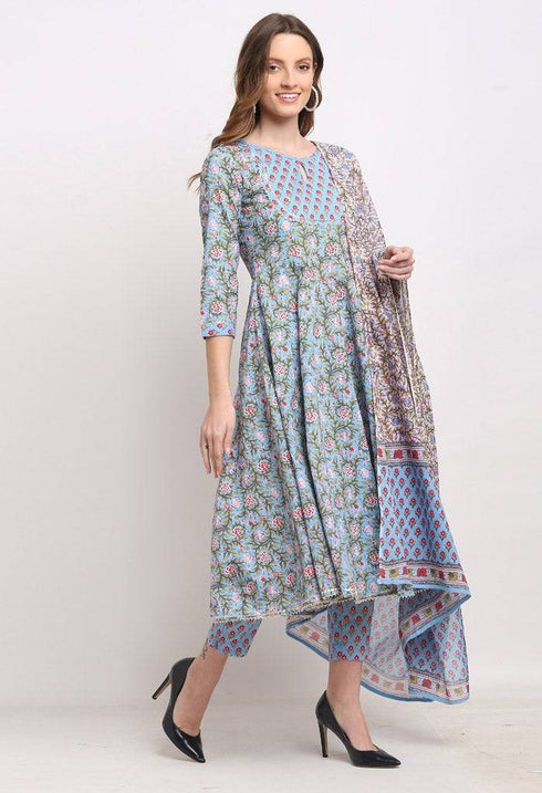 Blue Pure Cambric Cotton Printed Kurta Set With Dupatta