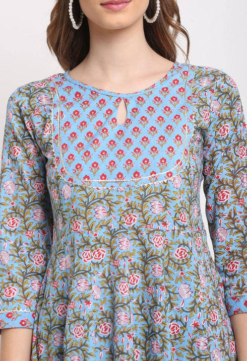 Blue Pure Cambric Cotton Printed Kurta Set With Dupatta