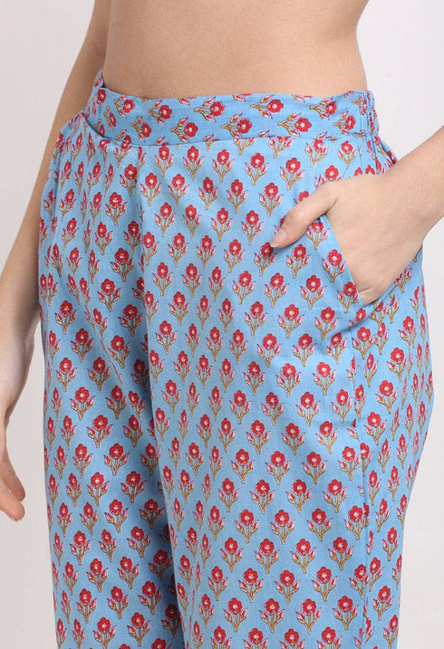 Blue Pure Cambric Cotton Printed Kurta Set With Dupatta