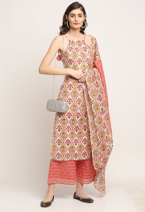 Multicolor Pure Cambric Cotton Printed Kurta Set With Dupatta