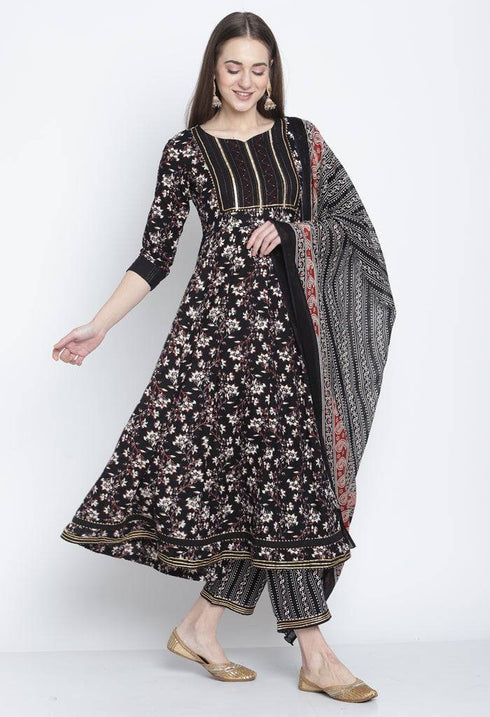 Black Pure Cambric Cotton Printed Kurta Set With Dupatta