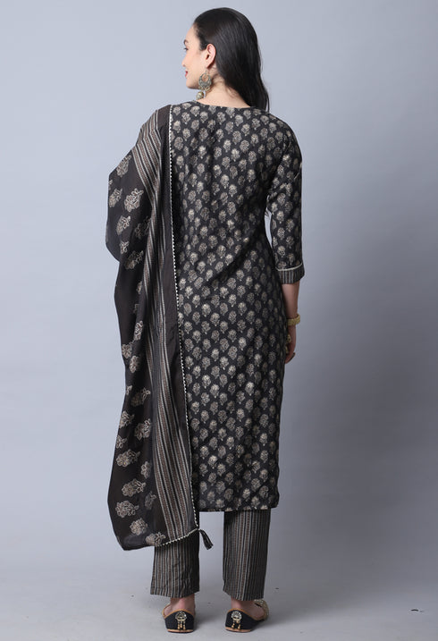 Grey Muslin Jaipuri Embroidered Kurta Set With Dupatta