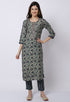 Navy Blue & Beige Muslin Printed Kurta Set With Dupatta