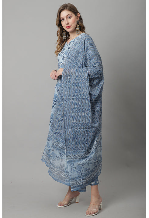 Pure Cotton Jaipuri Printed & Embroidered Kurta Set With Dupatta