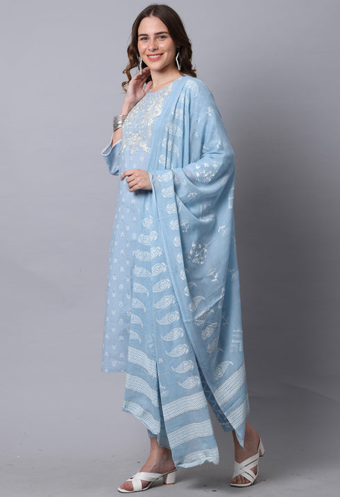 Pure Cambric Cotton Jaipuri Printed & Embroidered Kurta Set With Dupatta