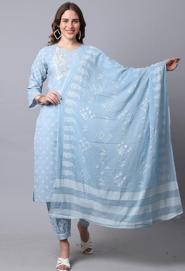 Pure Cambric Cotton Jaipuri Printed & Embroidered Kurta Set With Dupatta