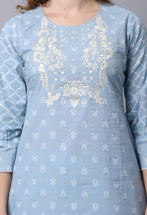 Pure Cambric Cotton Jaipuri Printed & Embroidered Kurta Set With Dupatta