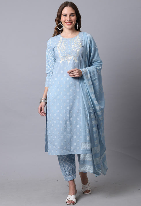 Pure Cambric Cotton Jaipuri Printed & Embroidered Kurta Set With Dupatta
