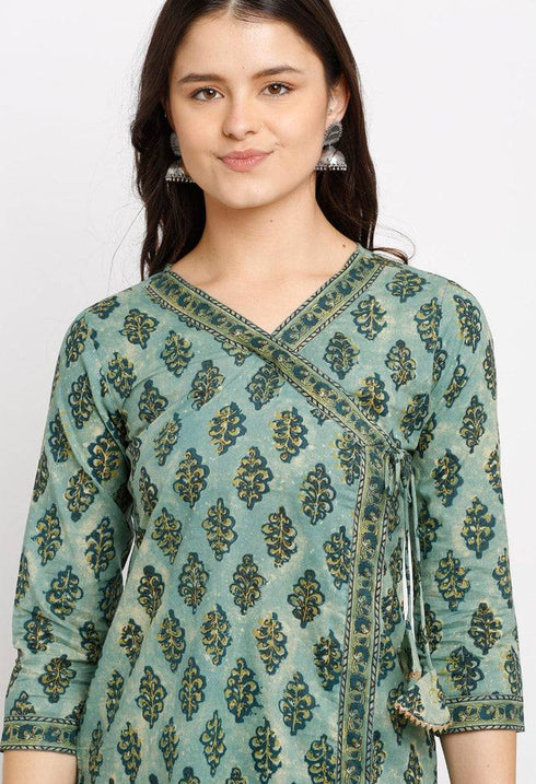 Green Pure Cambric Cotton Jaipuri Printed Angrakha Kurti