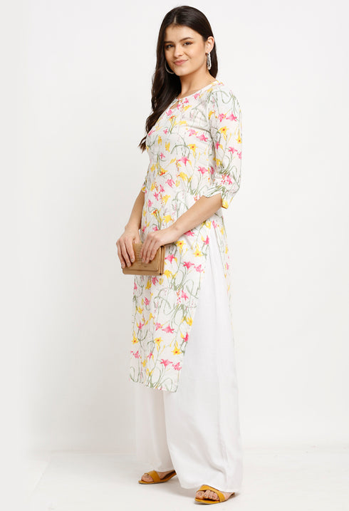 White Pure Cambric Cotton Jaipuri Printed Kurti
