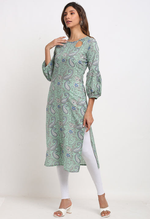 Turquoise green Pure Cambric Cotton Jaipuri Floral Printed Kurti