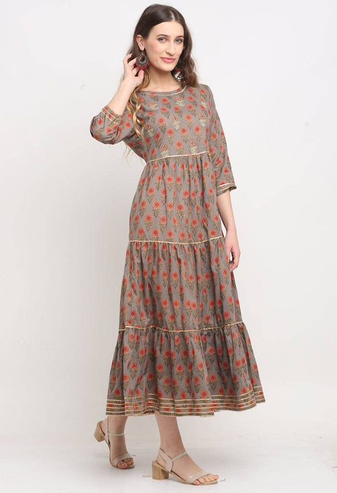 Grey And Orange Pure Cambric Cotton Jaipuri Floral Printed Kurti