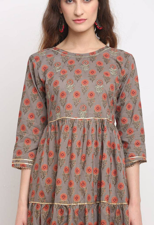 Grey And Orange Pure Cambric Cotton Jaipuri Floral Printed Kurti