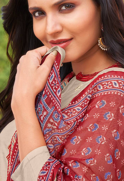 Beige Cotton Silk Embroidered Salwar Suit Material - Rajnandini