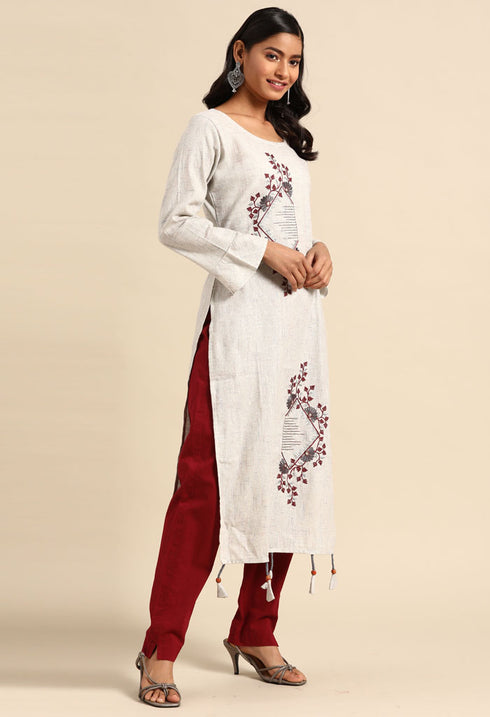 Light Grey Pure Cambric Cotton Embroidered Kurti