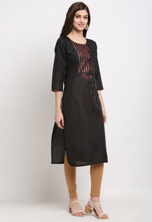 Black Slub Cotton Floral Embroidered Kurti