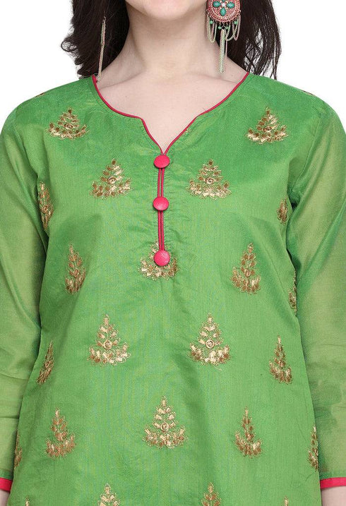 Green Cotton Embroidered Unstitched Salwar Suit Material